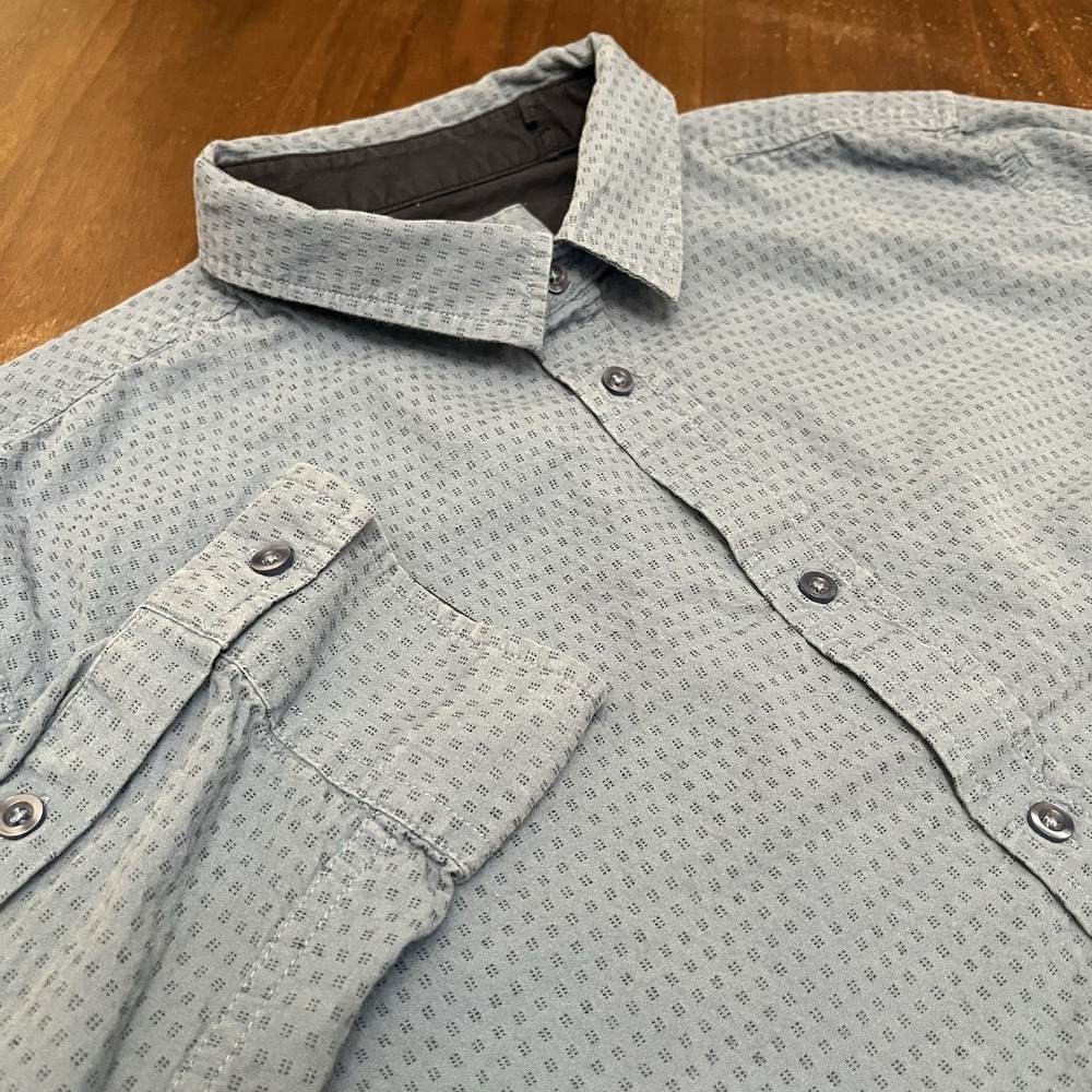 Prana Shirt Mens Large Slim Fit Organic Cotton Long Sleeve Blue AOP
